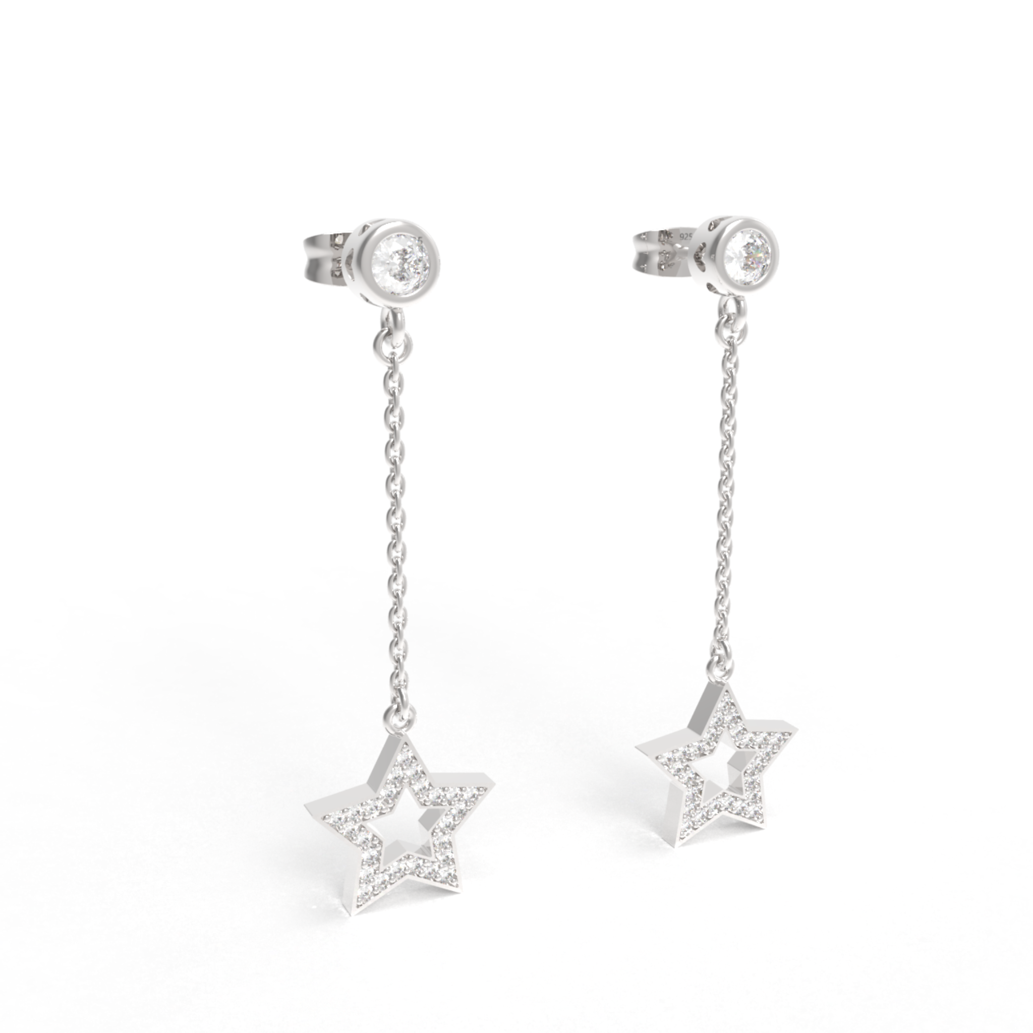 CZ Star Moon Celestial Dangle Chain Earrings, Hallmarked 925 Sterling Silver